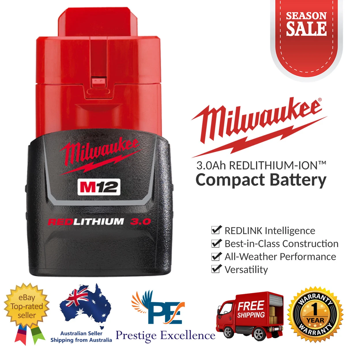 Milwaukee M12B3 12V 3.0Ah Cordless Red Lithium ion Battery M12