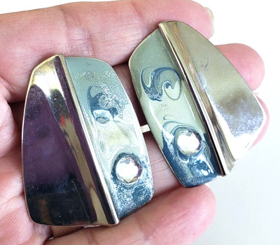 Vtg Blue Enamel Swirl Clear RS SilverTone Pierced Earrings 1.75'' w/ Impulse Card
