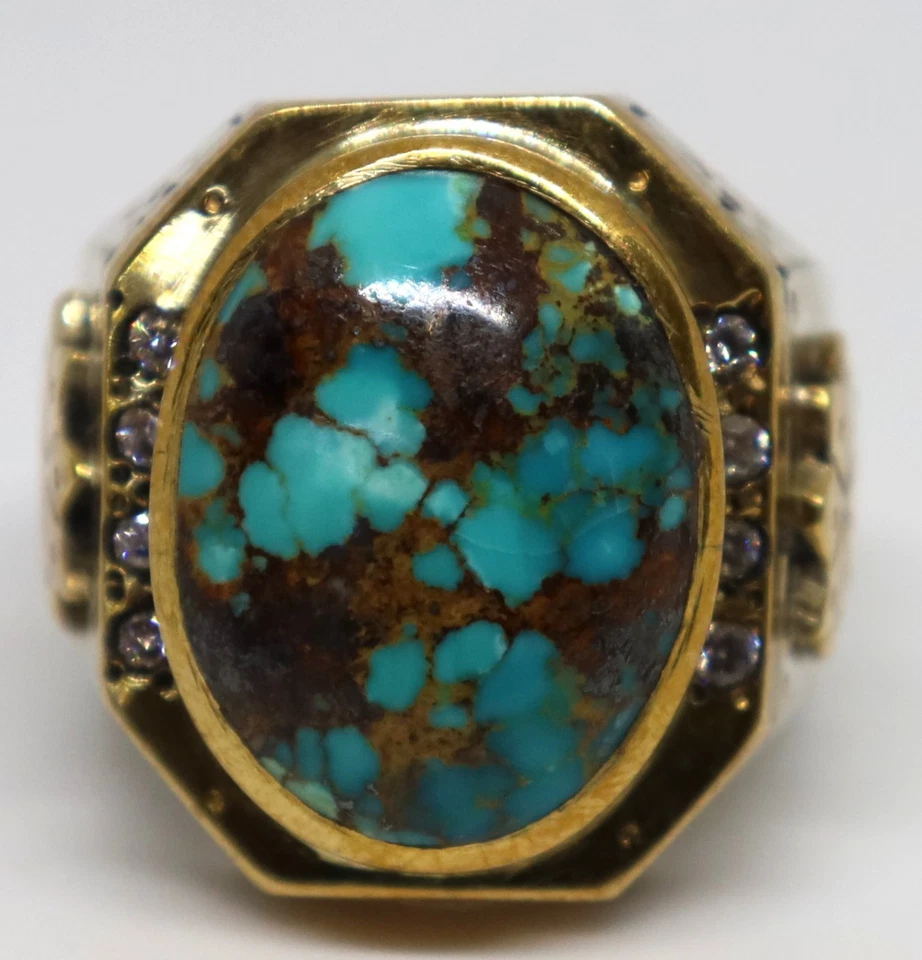 Antico Nayshabouri turchese blu fatto a mano in argento 925 con zircone marrone - Immagine 2 di 4