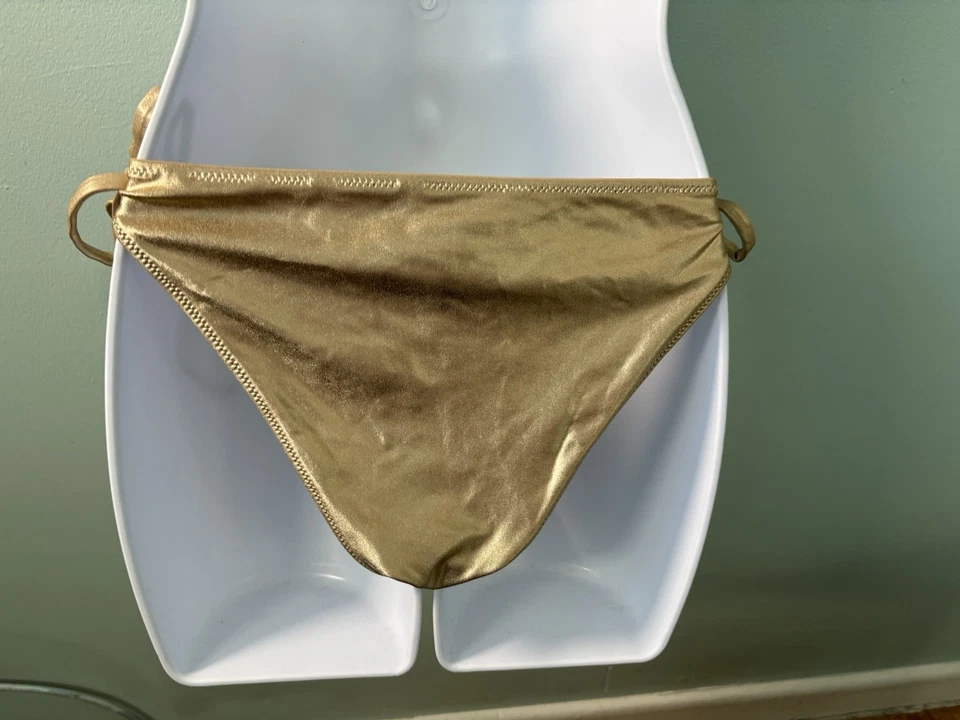 Bikini Aerie Mujer Oro Brillo Lámina Cojo Corbata Corbata Baño Fondo descarado Med Foto 3 de 4