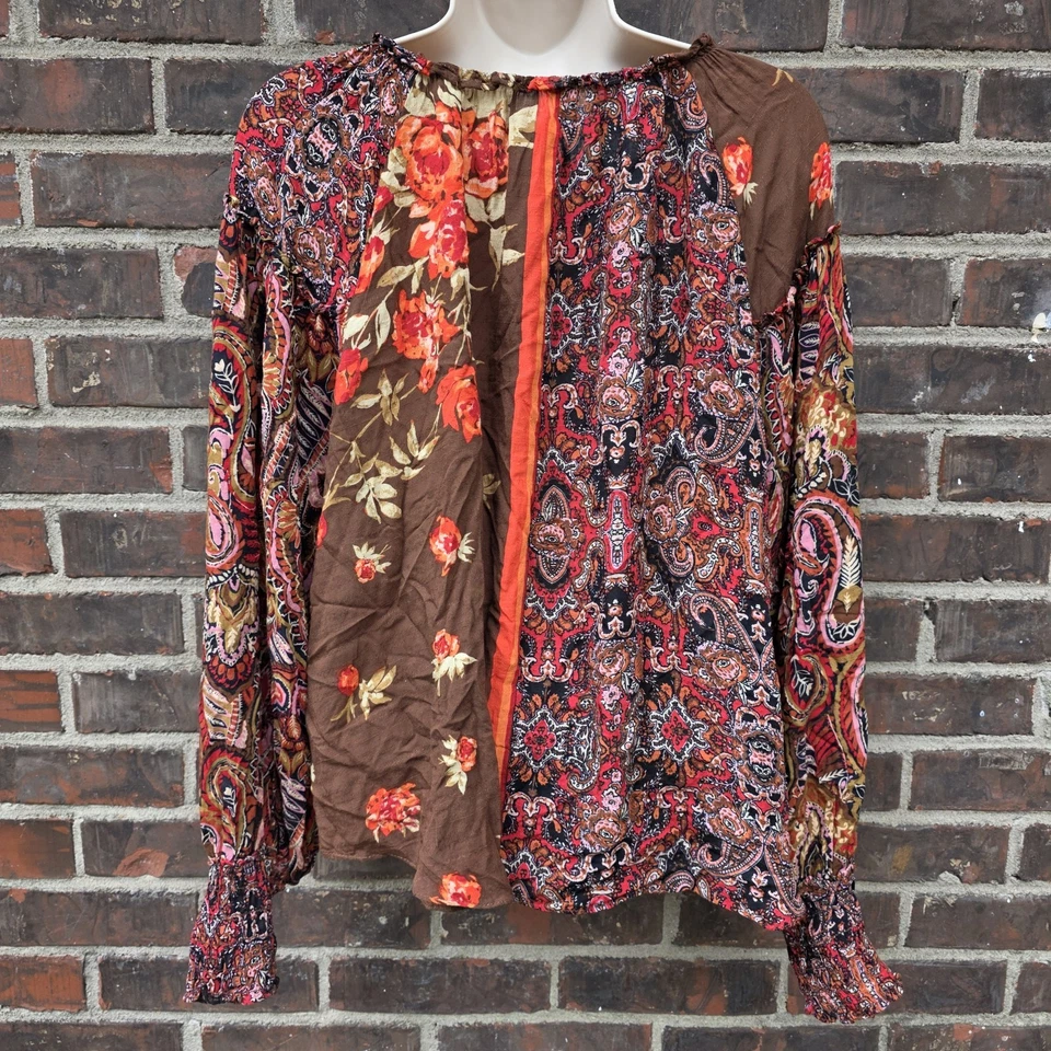 Blusa Campesina Free People Talla Pequeña Marrón Roja Otoño Cachemira Floral Foto 2 de 4