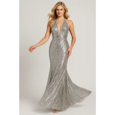Camille La Vie Silver Sequin Halter Gown | Formal Prom Dress with Train | Size 6