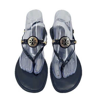 Tory Burch Emmy Black Patent Leather Slingback Sandal Gold Logo Medallion Sz 11
