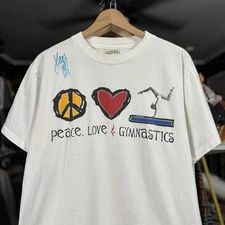Vintage 90s Peace Love & Gymnastics Shirt Signed Autograph Sports Olympics USA