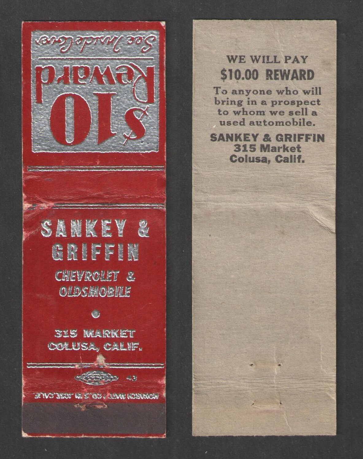 SANKEY & GRIFFIN { CHEVROLET & OLDSMOBILE } COLUSA CALIF MATCHBOOK