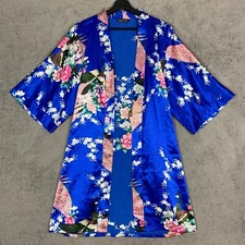 Babeyond Kimono Robe Womens One Size Blue Floral Peacock Print Long Sleeve Sleep