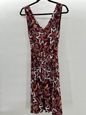 Loft Women’s Small Dress Red Floral Tank Knit V Neck Mini A Line Elastic & Tie