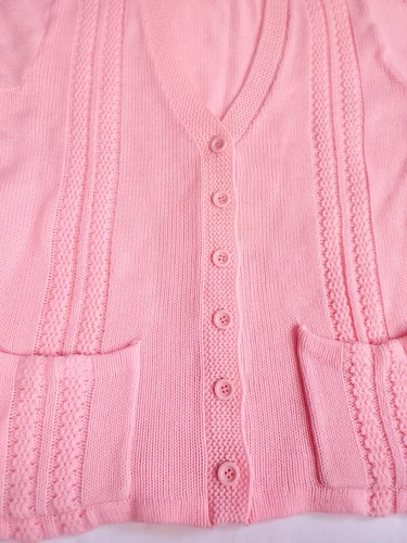 Vintage 60s 70s Cotton Candy Pink Short Sleeved Knit Cardigan Sweater M/L - Picture 4 of 12