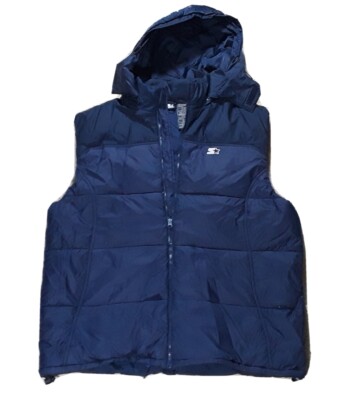 Starter Down Hooded Puffer Vest Full Zip Jacket Navy Blue Mens XL