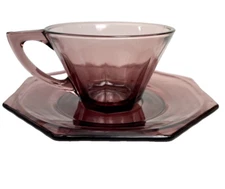 Hazel Atlas Moroccan Amethyst Purple Glass Tea Cups Saucer