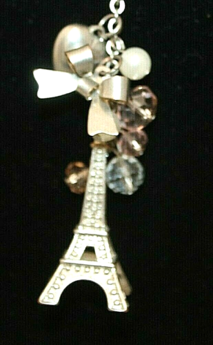 EIFFEL TOWER PENDANT SILVER COLOR ROPE NECKLACE WITH 32" LONG, HEART & BOW CHARM - Afbeelding 1 van 7
