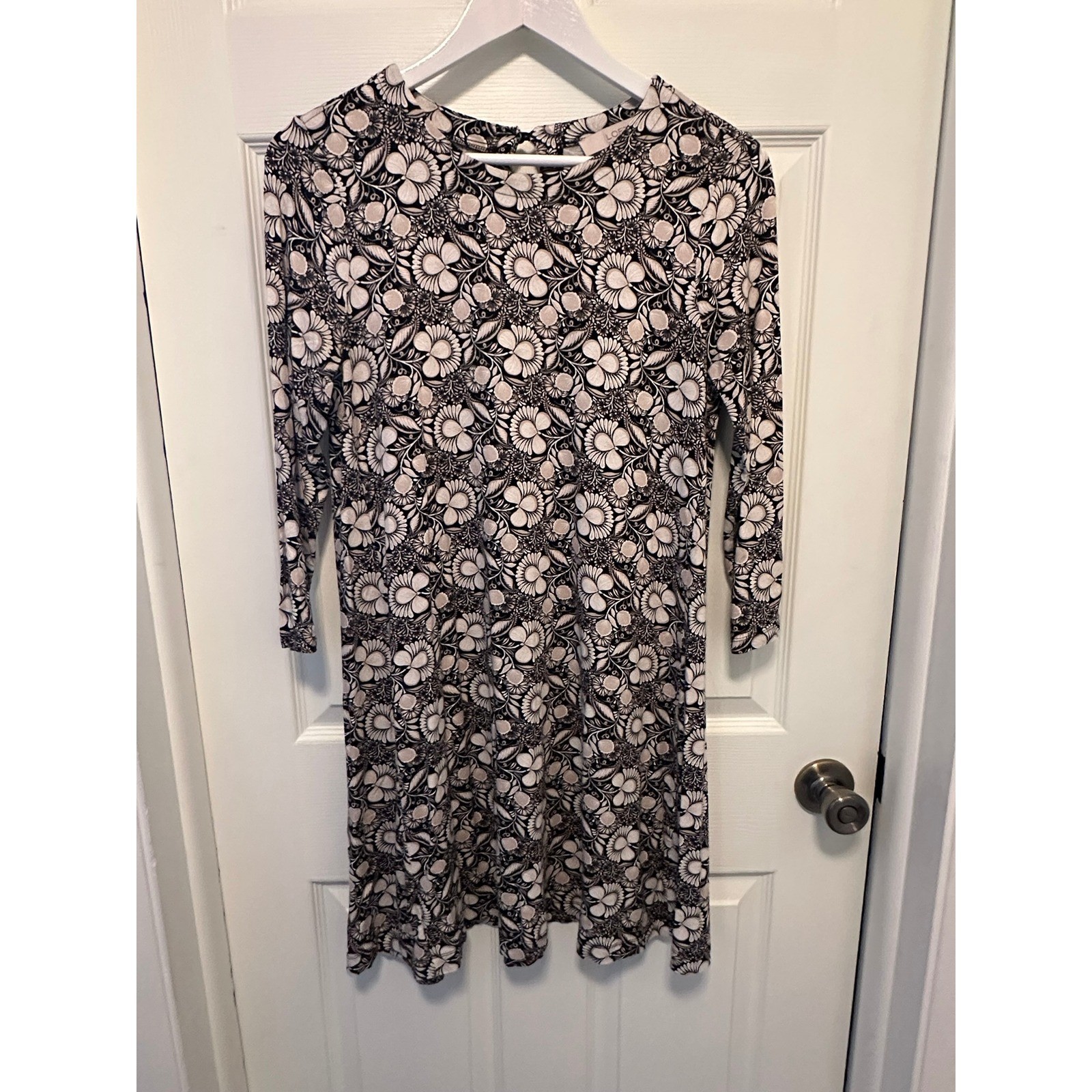 LOFT Women's Floral Print Dress 3/4 Sleeve Round Neck Keyhole Back Casual