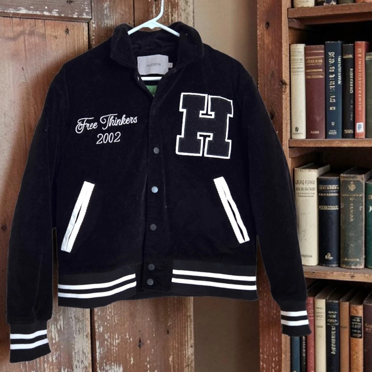 Hudson Free Thinkers 2002 Black Corduroy Varsity Jacket Sz L Quilted Lining