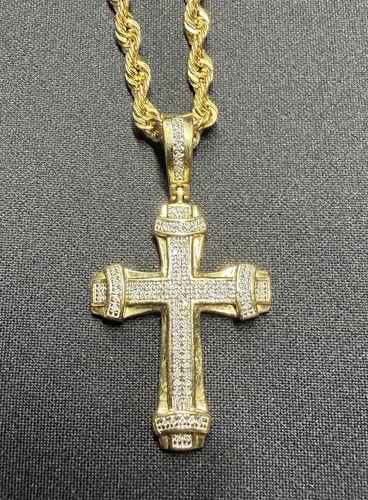 10k Solid Gold Cross Pendant Natural Diamonds Jesus Christ Charm Cuban Chain 14k