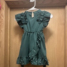 Girls Green A-Line Ruffle Flutter Sleeve Dress Round Neck Knee Length Sz 100