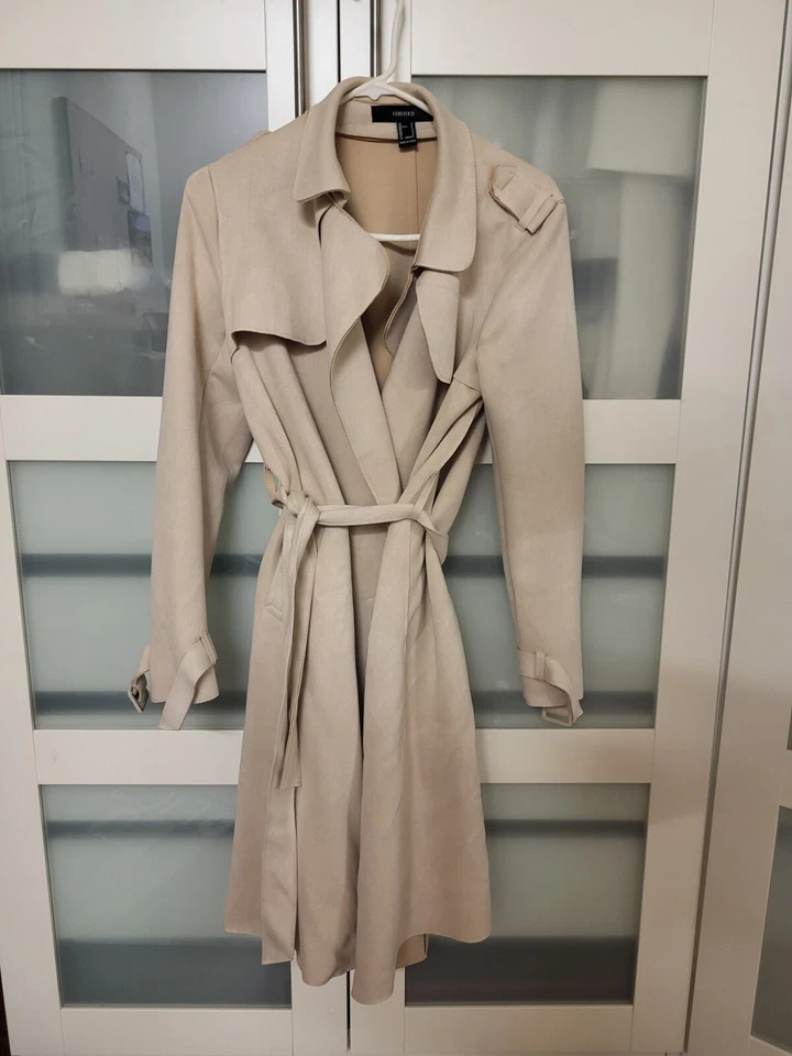 Forever 21 Tan Beige Faux Suede Duster Trench Coat Jacket Size Medium Business