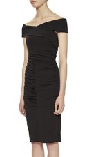 NICOLE MILLER ~ Black Off-The-Shoulder Ruched Sheath Party Dress 6 NEW $385