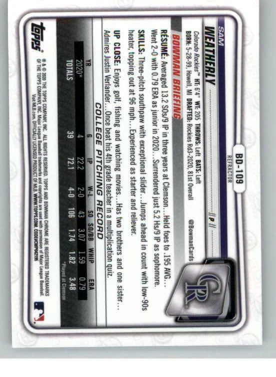 2020 Bowman Chrome Draft Refractors #BD109 Sam Weatherly (ref 125705) - Image 2 of 2