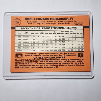Orel Hershiser 1990 Donruss #197 Los Angeles Dodgers Error Card | eBay