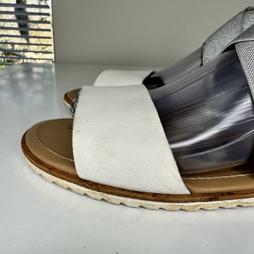 Sorel Ella Sandals White Leather Metallic Silver Gray Straps Size 9.5 Women’s - Picture 3 of 14