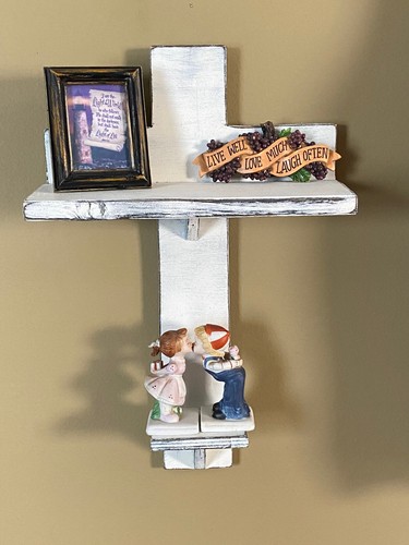 Rustic Handmade Distressed Wood 2 Shelf Wall Cross Country Primitiv Shabby Chic - Picture 2 of 12