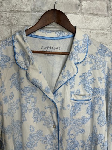Cacique Pajama Set 18 20 White Blue Floral Paisley Soft Cotton Knit Lounge - Picture 3 of 18