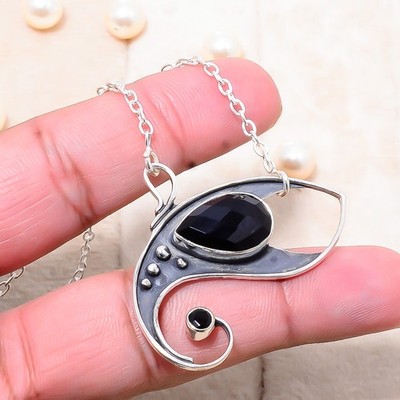 Black Onyx Gemstone 925 Sterling Silver Chain Pendant 19-23'' Cp10308110012
