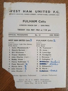 West Ham United Home Programme v Fulham Colts 14/05/1963. London Minor Cup S/F