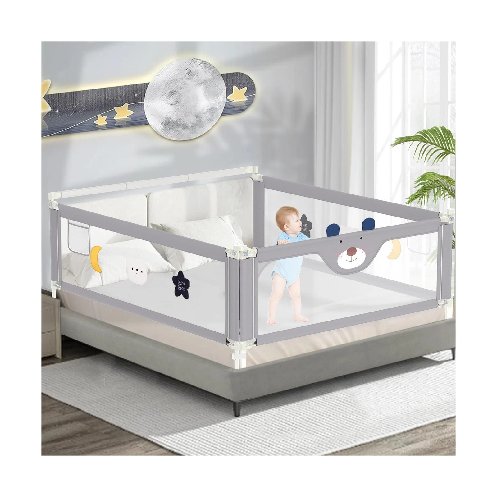 3-Piece Bed Rail for Toddlers with Headboard Rod, Adjustable Baby Bed Rail Gu...
