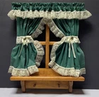 Granny Cottage Core Solid Wood Wall shelf w Pegs and Curtains/drapes Green 18x15