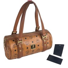 Mcm Visetos Leather Barrel Bag Handbag 12" Monogram Cognac Tube Satchel Purse