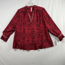NY Collection Tunic Top blouse Womens 2X Red Black floral Beaded V Neck New