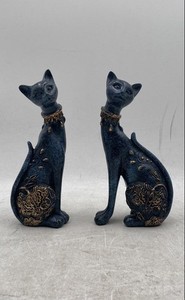Blue Gold Resin Decorative Collectible Ornate Cat Statue Figurine Lot Of 2