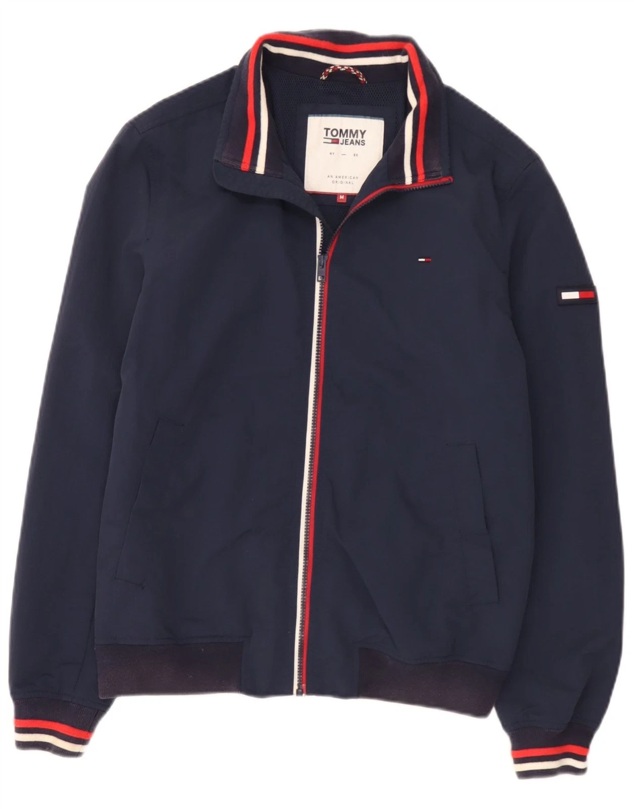 Tommy Hilfiger Mens Bomber Jacket UK 38 Medium Navy Blue Striped Polyamide BF09