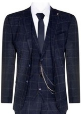 Mens 3 Piece Wool Suit Navy Blue Tweed Check Peaky Blinders 1920 Gatsby Formal