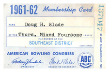 1961-62 American Bowling Congress Membership Card Southeast District Vintage