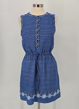 Gap Sz M Blue White Summer Mini Dress Sleeveless Button Front Drawstring Waist