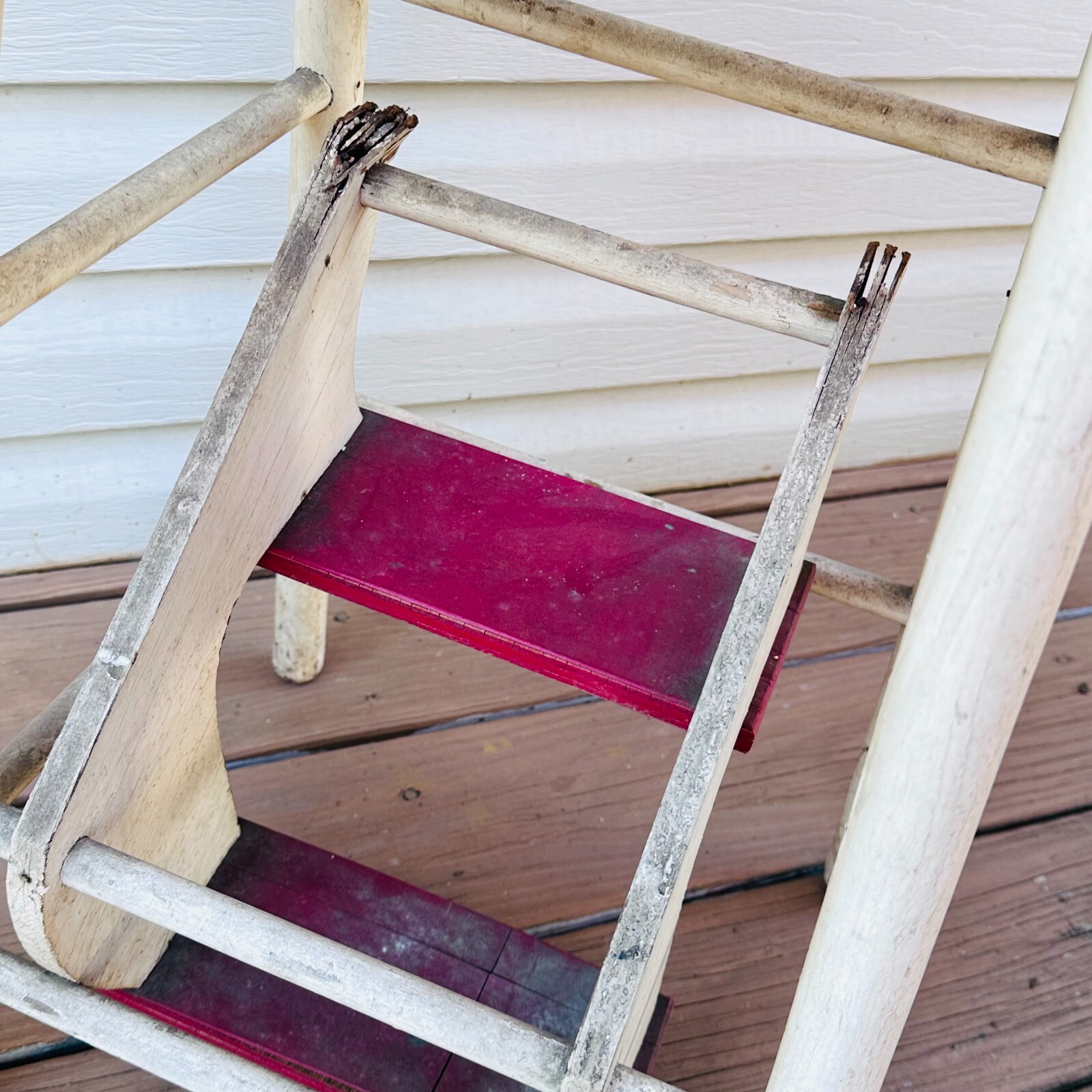 vtg wood step stool fold out steps White w red farmhouse 50s