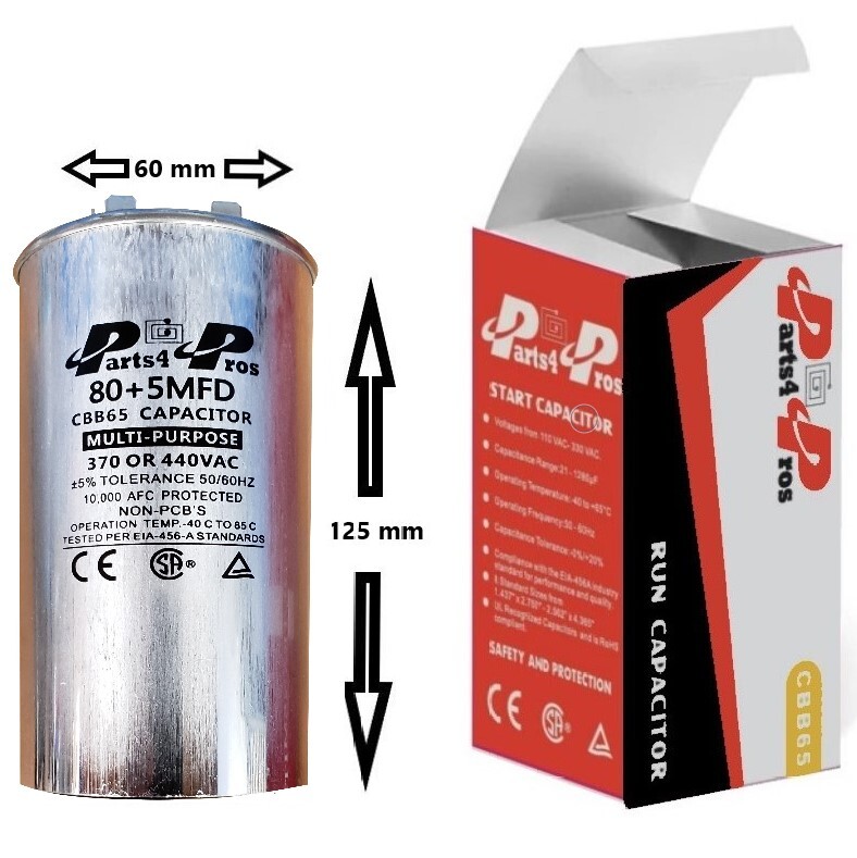 TEMCo 80+7.5 Uf/MFD 370-440 VAC Round Dual Run Capacitor – 50/60 Hz, Vegetable Oil Filled, PCB Free, 5-Year Warranty (Lot Of 2)