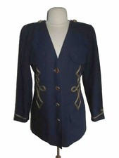 Emanuel Ungaro Navy Blue Linen Gold Braid 1990's V-neck Jacket Size 10