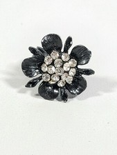 Black Metallic Crystal Flower Statement Ring Adjustable Band Size 5