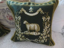 Aubusson style FRENCH COUNTRY Needlepoint Pillow Cover LAMB Gold & Drk Grn