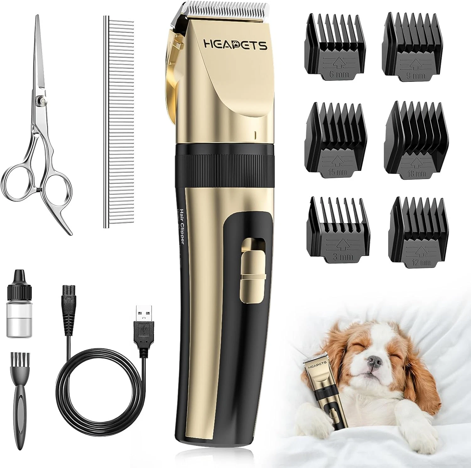 Dog Grooming Clippers, Adjustable Comb, Rechargeable Cordless, Gold