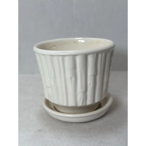 Vintage McCoy Pottery White Bamboo Flower Pot Attached Saucer Planter #0372 USA
