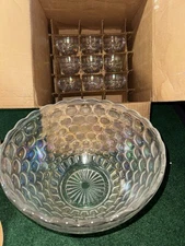 Vintage Federal Glass Iridescent Rainbow Hued Thumbprint Punch Bowl Set