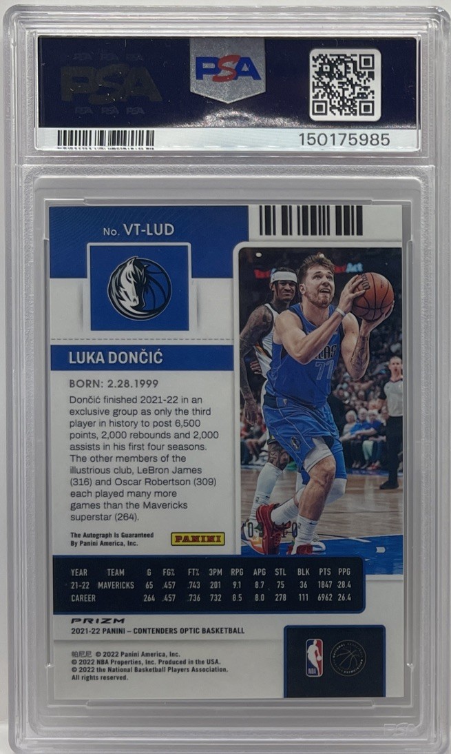 2021-22 Contenders Optic Luka Doncic Veteran Ticket Gold Prizm Auto #/10 PSA SSP view 2