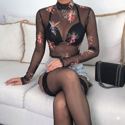 TryAngel Mesh Nylon Top mit Engel Druck Gr M Black Nightbrown