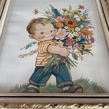 Vintage Mabel Lucie Attwell Print – Boy with Flowers – Framed 13x14.5cm Cute Art