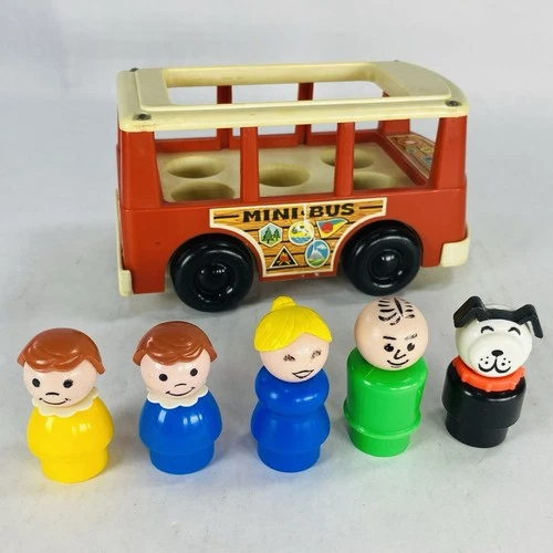 Vintage Fisher Price Little People Mini Bus and 5 Plastic Body Figures