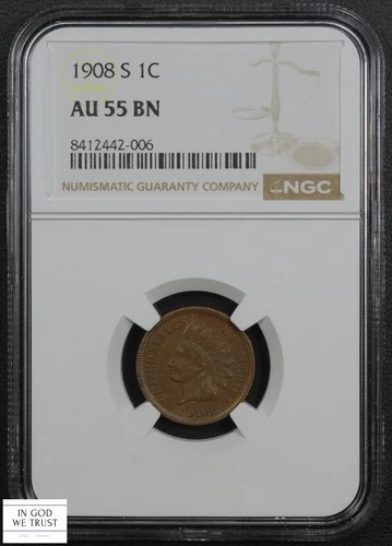 1908 S Indian Head Copper Cent 1C NGC AU 55 BN